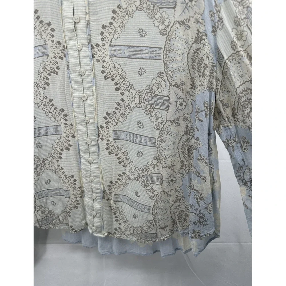 Free‎ People Virgo Baby Button Down Long Sleeve Floral Blue Stripes Boho Medium - Picture 7 of 10